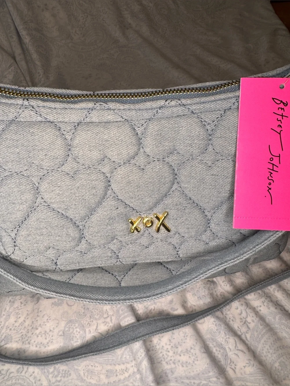 Betsey Johnson Light Blue Soft Denim Quilted Heart Crossbody & Red Bandana Clip